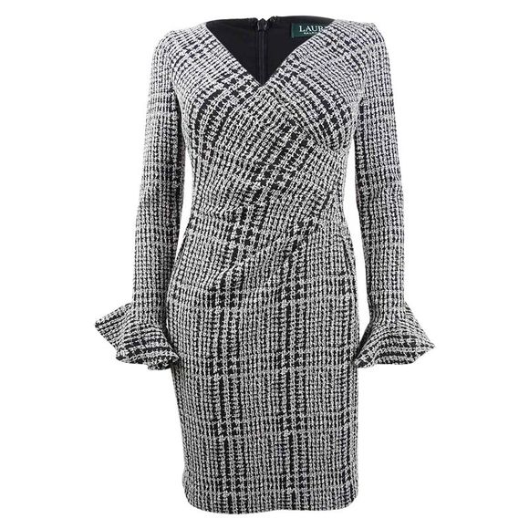 Lauren by Ralph Lauren Women's Petite Plaid Ruched Dress - Black/White - Picture 1 of 3
